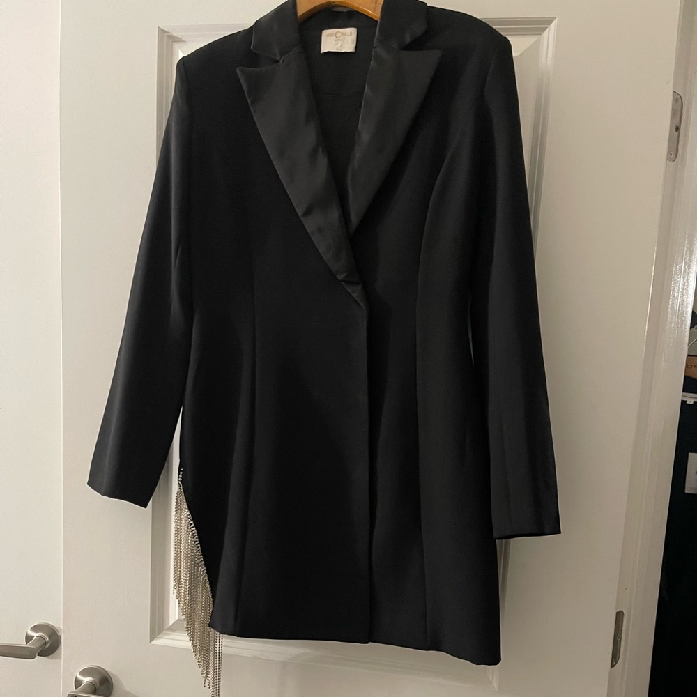 Black Blazer Dress With Crystal Fringe Side Detail